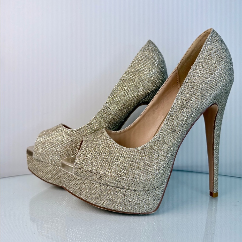 Size 7.5 Merumote Gold Glitter Perp Toe Platforms